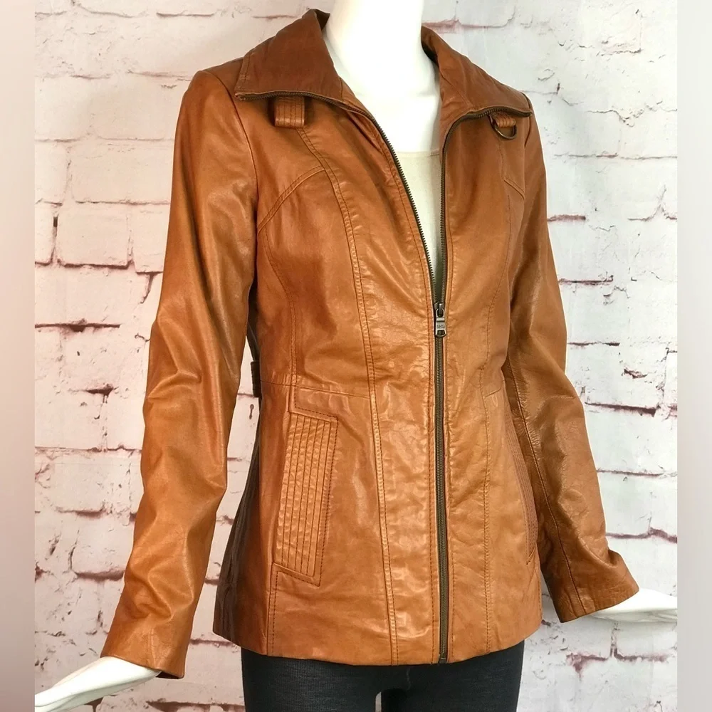 ANDREW MARC XS Caramel Brown British Cafe Racer Leather Moto Jacket Size XS - Picture 2 of 16
